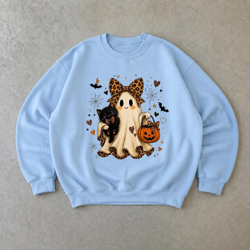 Halloween Ghost Cat Sweatshirt, Cute Spooky Season Crewneck, Leopard Bow Ghost Pumpkin Shirt, Vintage Halloween Pullover, Fall Outfit Gift, Kawaii Ghost Lover Gift, Cozy Unisex Sweatshirt