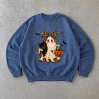 Halloween Ghost Cat Sweatshirt Cute Spooky Season with Leopard Bow and Pumpkin Design