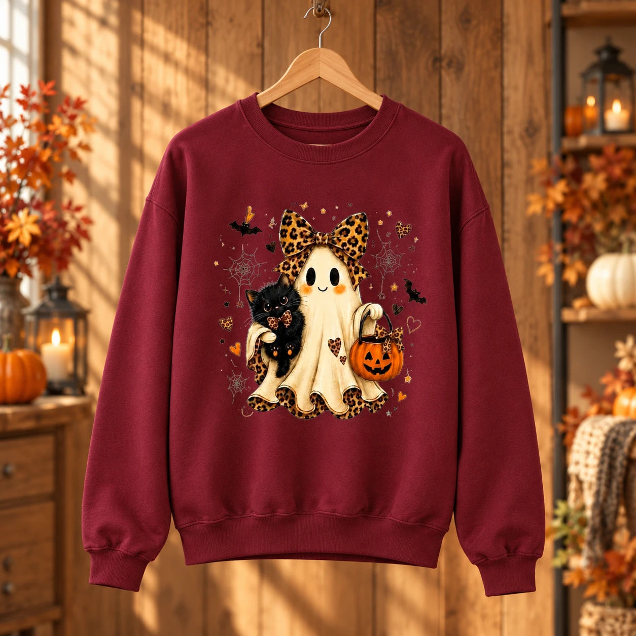 Halloween Ghost Cat Sweatshirt Cute Spooky Season with Leopard Bow and Pumpkin Design