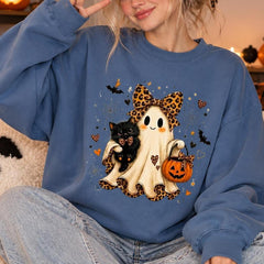Halloween Ghost Cat Sweatshirt, Cute Spooky Season Crewneck, Leopard Bow Ghost Pumpkin Shirt, Vintage Halloween Pullover, Fall Outfit Gift, Kawaii Ghost Lover Gift, Cozy Unisex Sweatshirt
