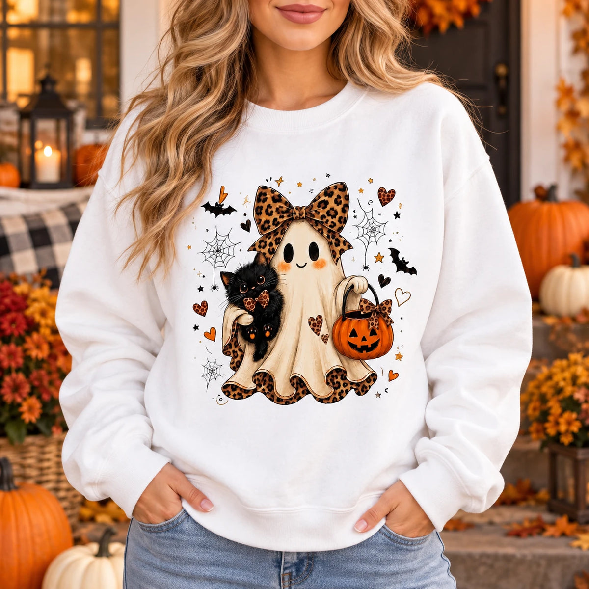 Halloween Ghost Cat Sweatshirt Cute Spooky Season with Leopard Bow and Pumpkin Design