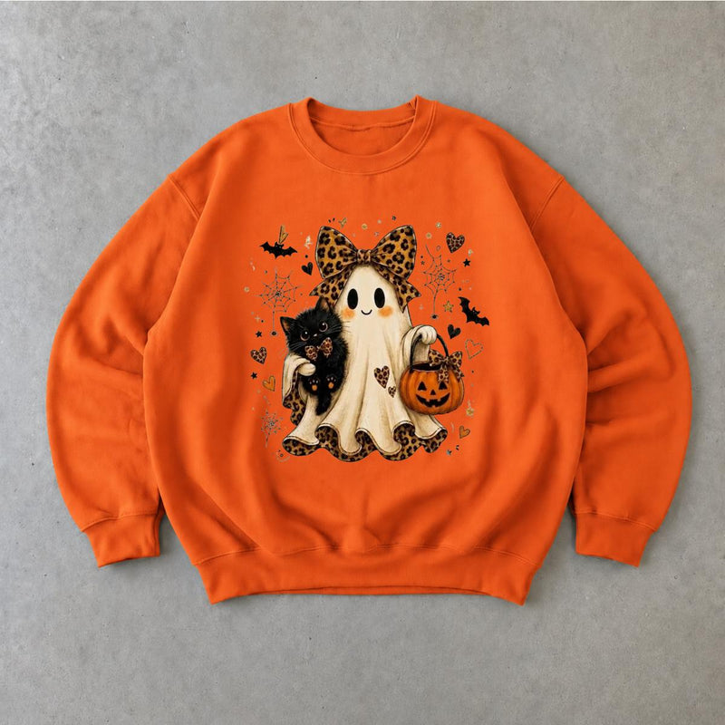 Halloween Ghost Cat Sweatshirt Cute Spooky Season with Leopard Bow and Pumpkin Design