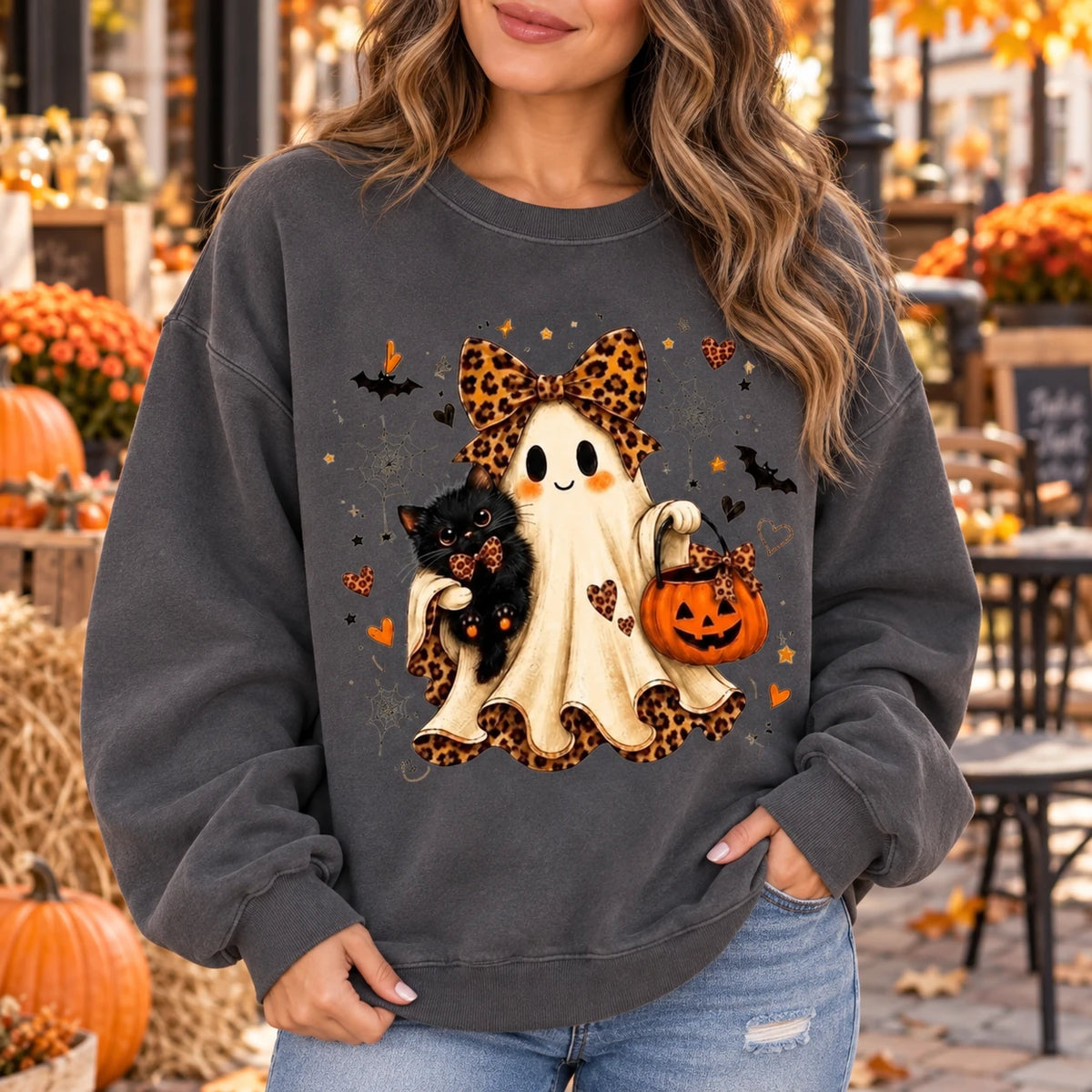 Halloween Ghost Cat Sweatshirt Cute Spooky Season with Leopard Bow and Pumpkin Design
