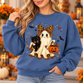 Halloween Ghost Cat Sweatshirt, Leopard Bow and Pumpkin Graphic, Cute Spooky Season Outfit