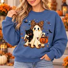 Halloween Ghost Cat Sweatshirt Cute Spooky Season with Leopard Bow and Pumpkin Design