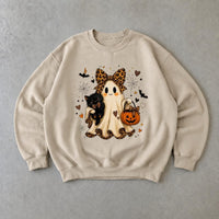 Halloween Ghost Cat Sweatshirt Cute Spooky Season with Leopard Bow and Pumpkin Design