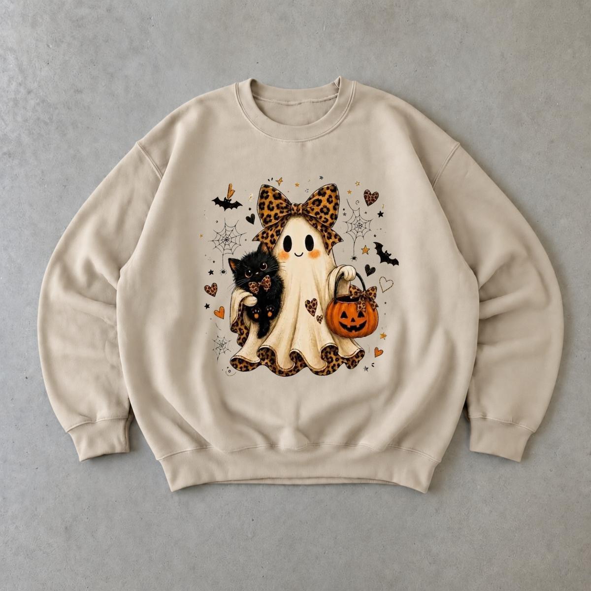Halloween Ghost Cat Sweatshirt Cute Spooky Season with Leopard Bow and Pumpkin Design