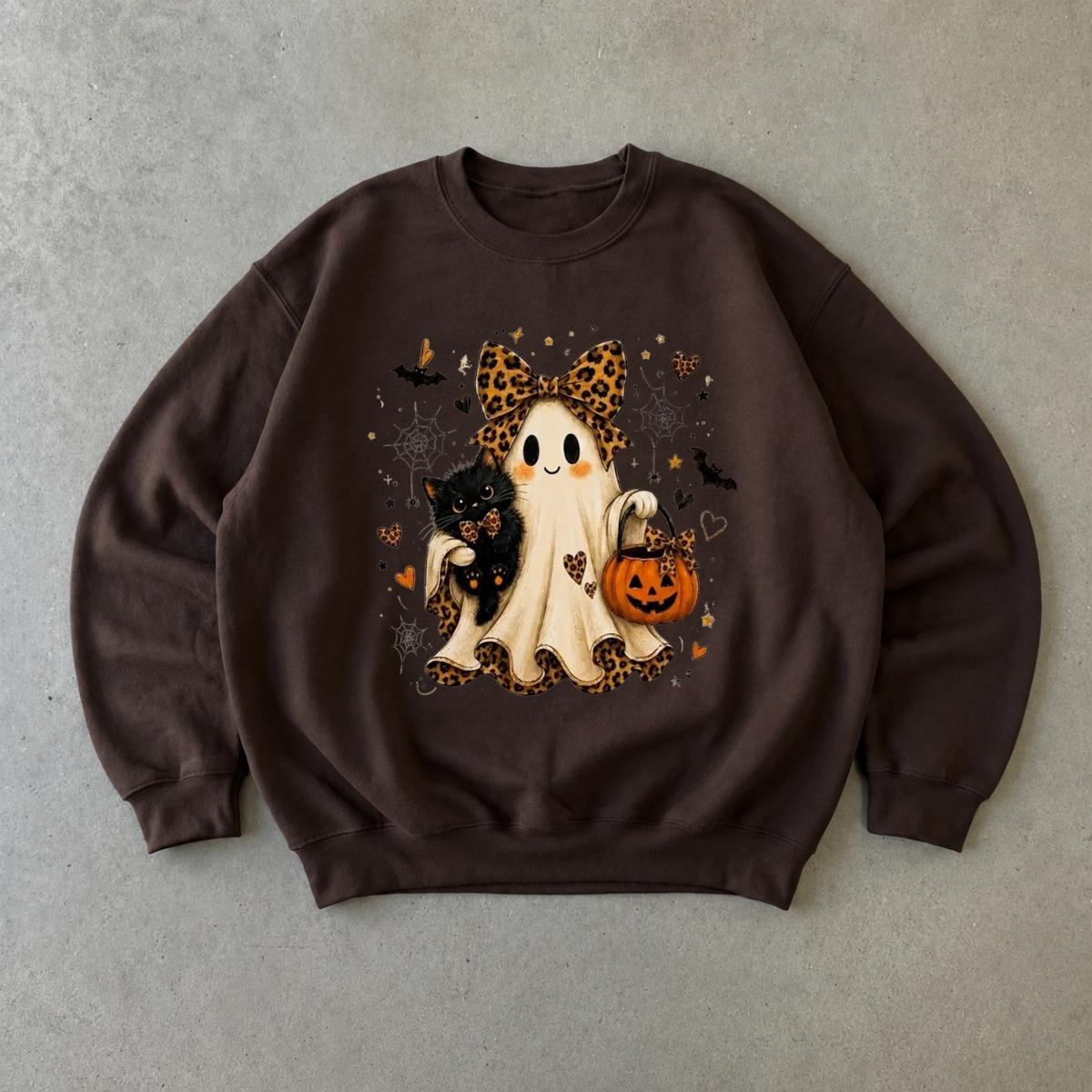 Halloween Ghost Cat Sweatshirt, Cute Spooky Season Crewneck, Leopard Bow Ghost Pumpkin Shirt, Vintage Halloween Pullover, Fall Outfit Gift, Kawaii Ghost Lover Gift, Cozy Unisex Sweatshirt
