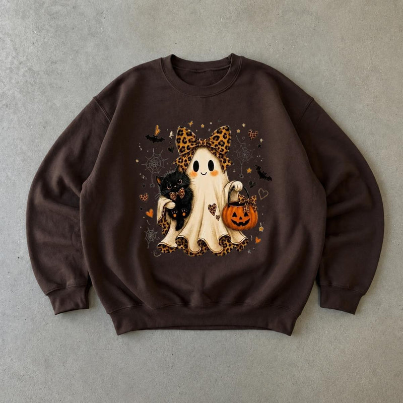 Halloween Ghost Cat Sweatshirt, Cute Spooky Season Crewneck, Leopard Bow Ghost Pumpkin Shirt, Vintage Halloween Pullover, Fall Outfit Gift, Kawaii Ghost Lover Gift, Cozy Unisex Sweatshirt