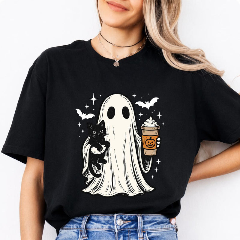 Halloween Ghost Fall Outfit Cute Ghost Cat Pumpkin Drink Sweatshirt and T-Shirt Spooky Season Women Vintage