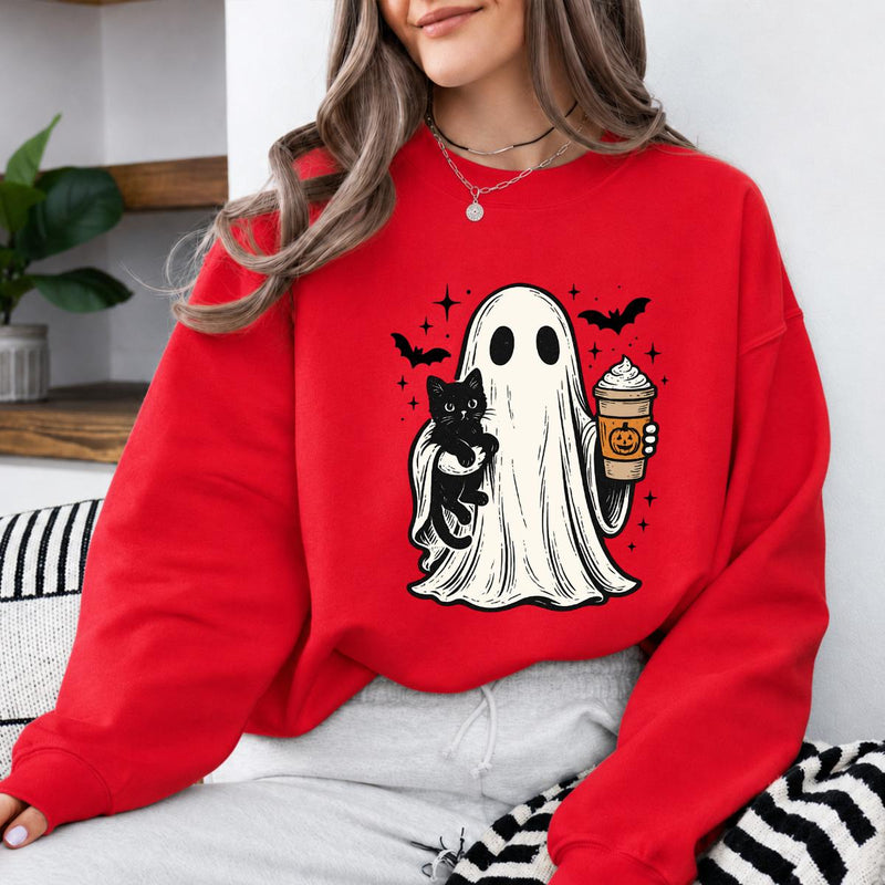 Halloween Ghost Fall Outfit Cute Ghost Cat Pumpkin Drink Sweatshirt and T-Shirt Spooky Season Women Vintage