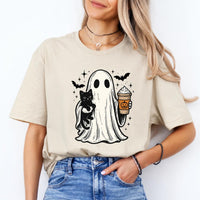 Halloween Ghost Fall Outfit Cute Ghost Cat Pumpkin Drink Sweatshirt and T-Shirt Spooky Season Women Vintage