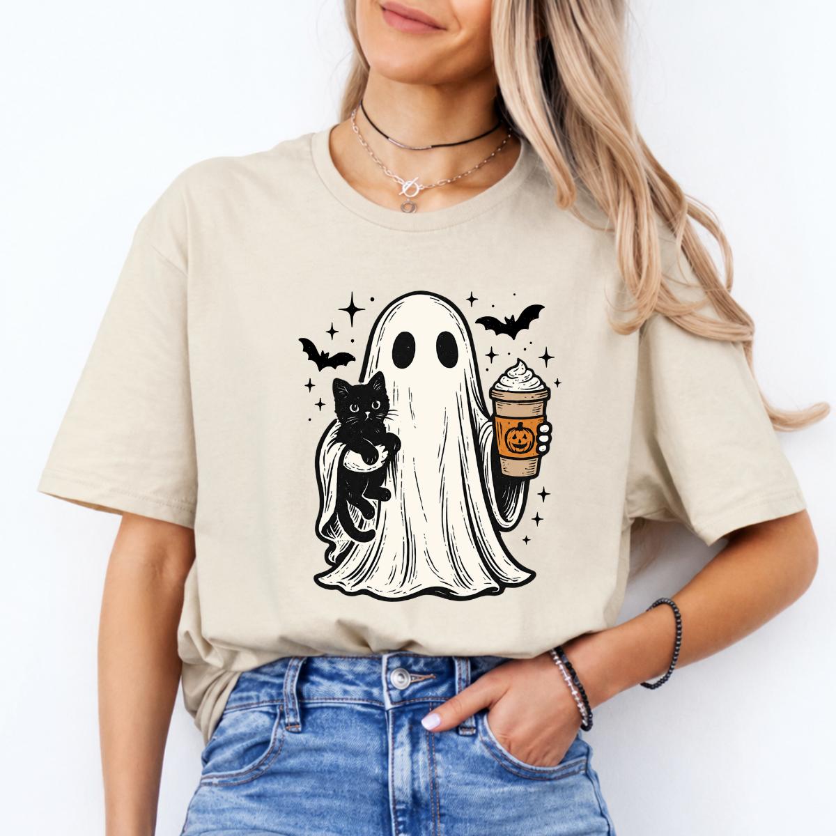 Halloween Ghost Fall Outfit Cute Ghost Cat Pumpkin Drink Sweatshirt and T-Shirt Spooky Season Women Vintage