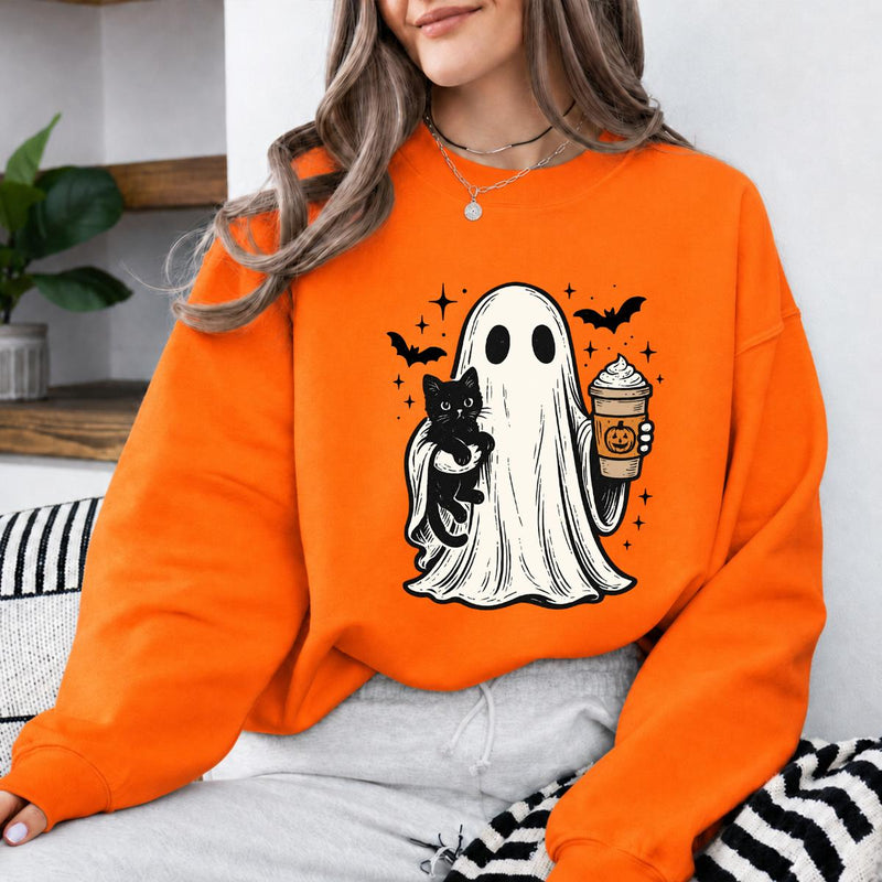 Halloween Ghost Fall Outfit Cute Ghost Cat Pumpkin Drink Sweatshirt and T-Shirt Spooky Season Women Vintage