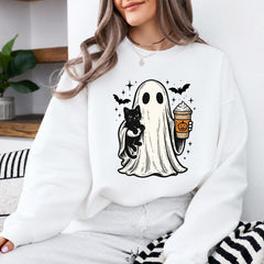 Halloween Ghost Fall Outfit Cute Ghost Cat Pumpkin Drink Sweatshirt and T-Shirt Spooky Season Women Vintage