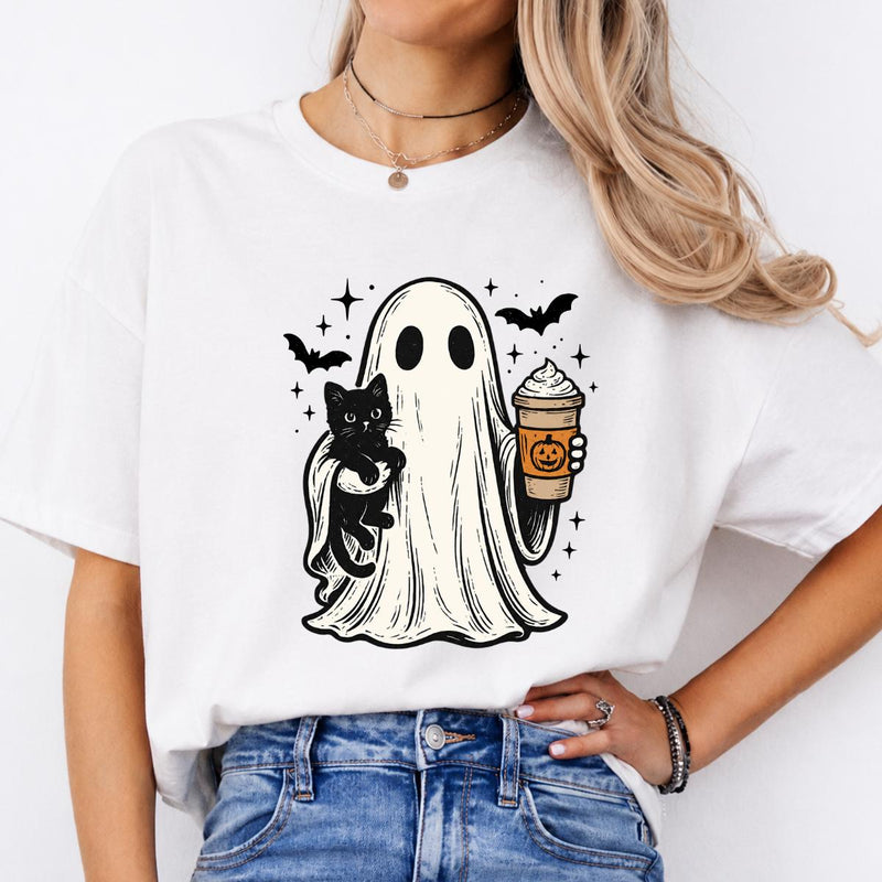 Halloween Ghost Fall Outfit Cute Ghost Cat Pumpkin Drink Sweatshirt and T-Shirt Spooky Season Women Vintage