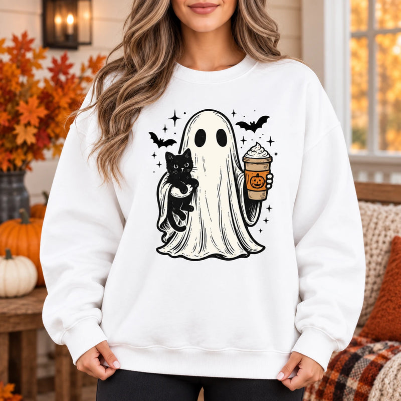 Halloween Ghost Fall Outfit Cute Spooky Cat Pumpkin Drink Sweatshirt and T-Shirt for Women