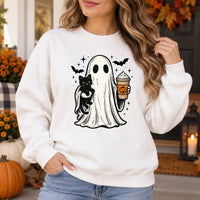 Halloween Ghost Fall Outfit Cute Spooky Cat Pumpkin Drink Sweatshirt and T-Shirt for Women