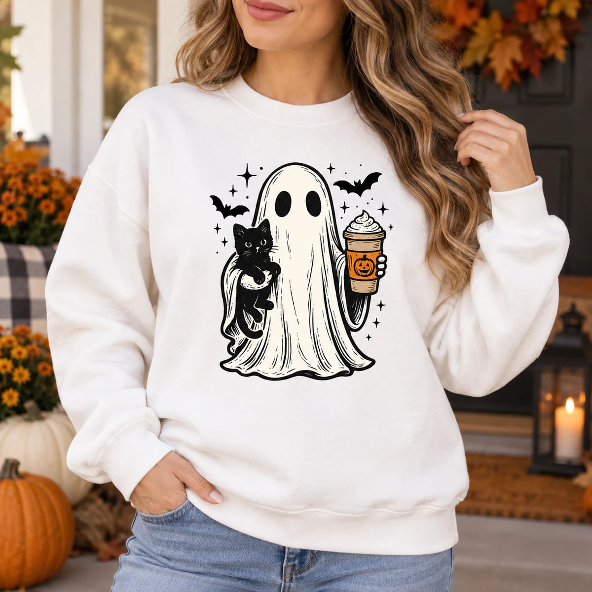 Halloween Ghost Fall Outfit Cute Spooky Cat Pumpkin Drink Sweatshirt and T-Shirt for Women