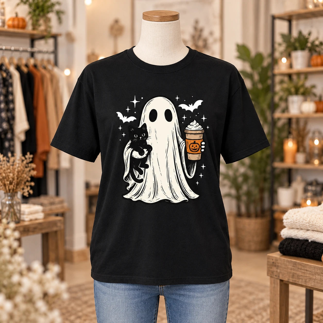 Halloween Ghost Fall Outfit Cute Spooky Cat Pumpkin Drink Sweatshirt and T-Shirt for Women