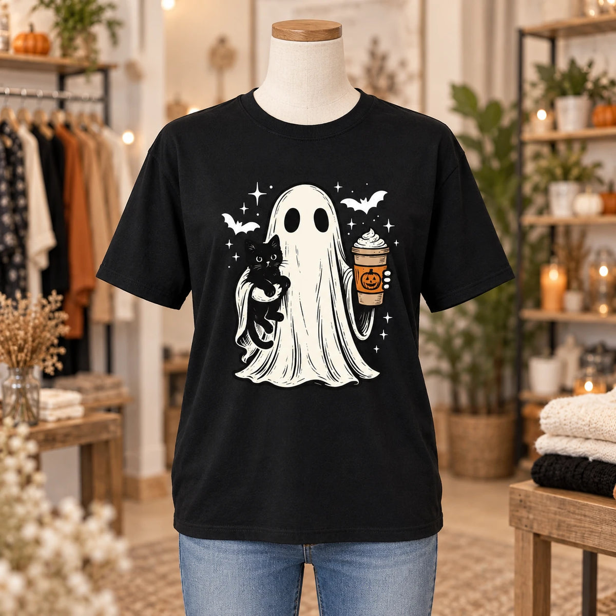 Halloween Ghost Fall Outfit Cute Spooky Cat Pumpkin Drink Sweatshirt and T-Shirt for Women