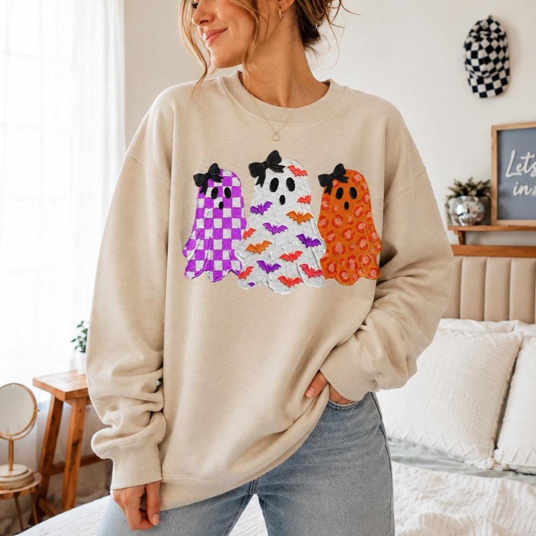 Halloween Ghost Sweatshirt Cute Three Ghosts Spooky Season Women Coquette Design