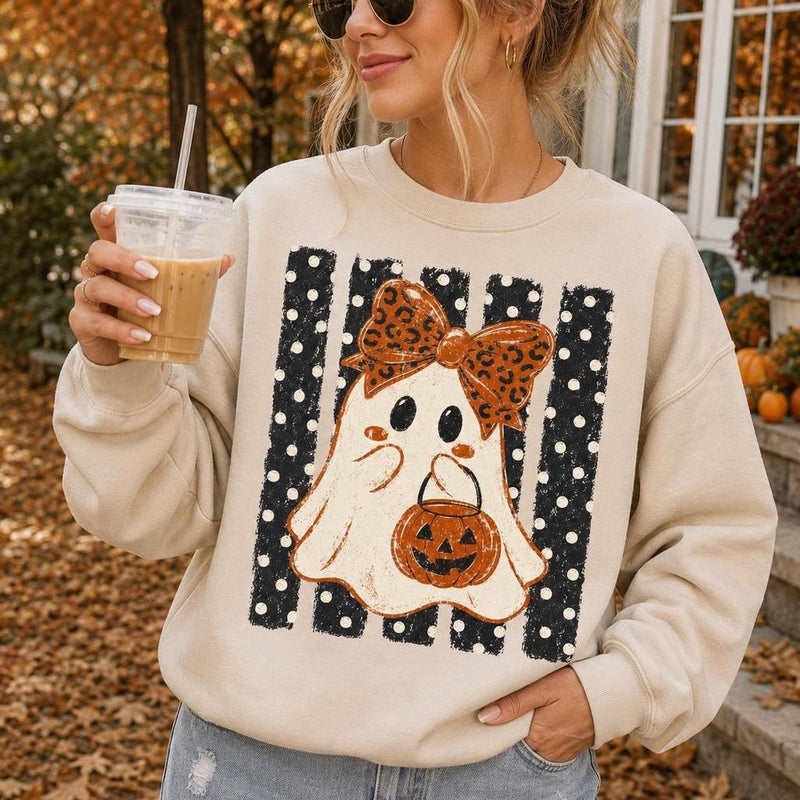 Halloween Ghost Sweatshirt Leopard Bow Ghost Pumpkin Spooky Season Women Cute Retro