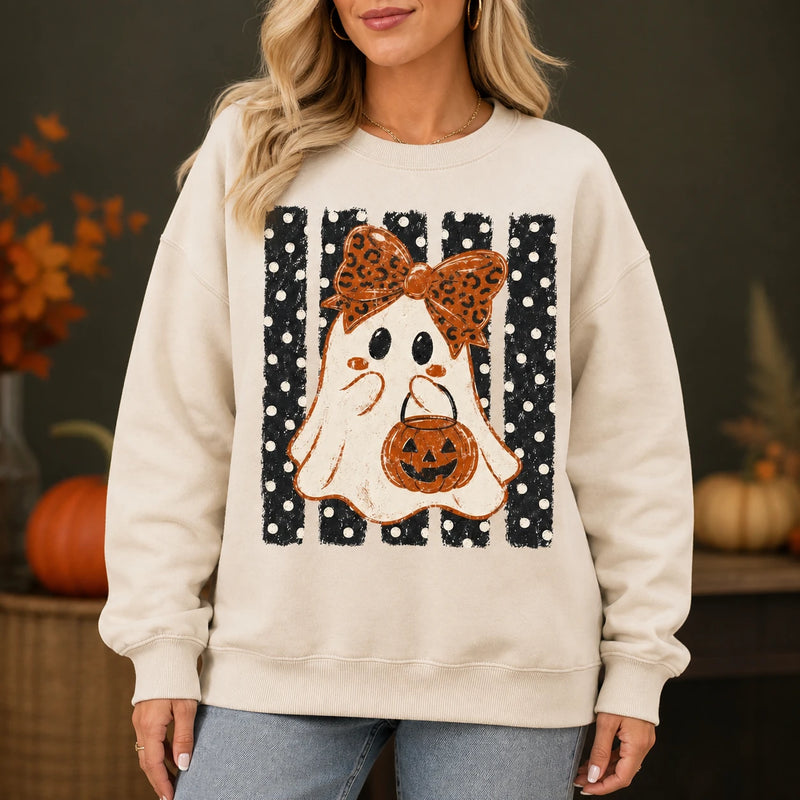 Halloween Ghost Sweatshirt Leopard Bow Ghost Pumpkin Spooky Season Women Cute Retro