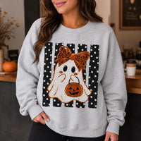 Halloween Ghost Sweatshirt Leopard Bow Ghost Pumpkin Spooky Season Women Cute Retro