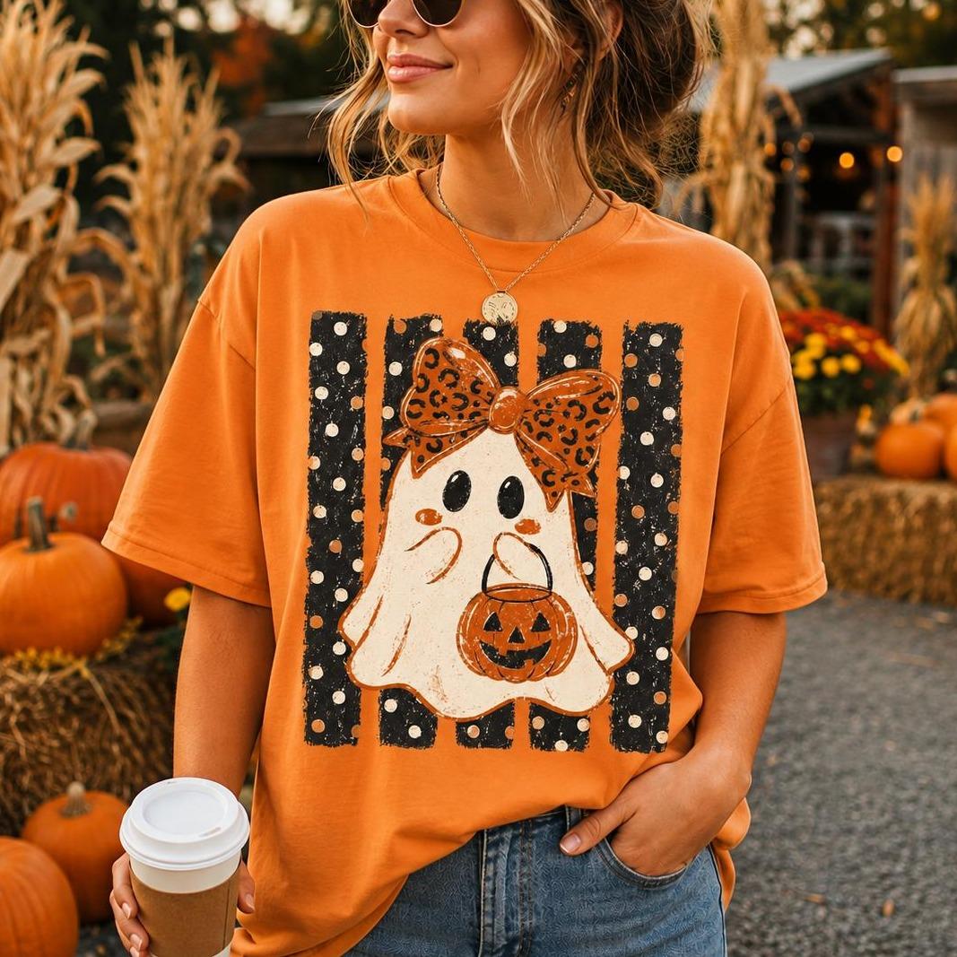 Halloween Ghost Sweatshirt Leopard Bow Ghost Pumpkin Spooky Season Women Cute Retro
