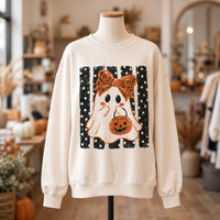Halloween Ghost Sweatshirt Leopard Bow Ghost Pumpkin Spooky Season Women Cute Retro