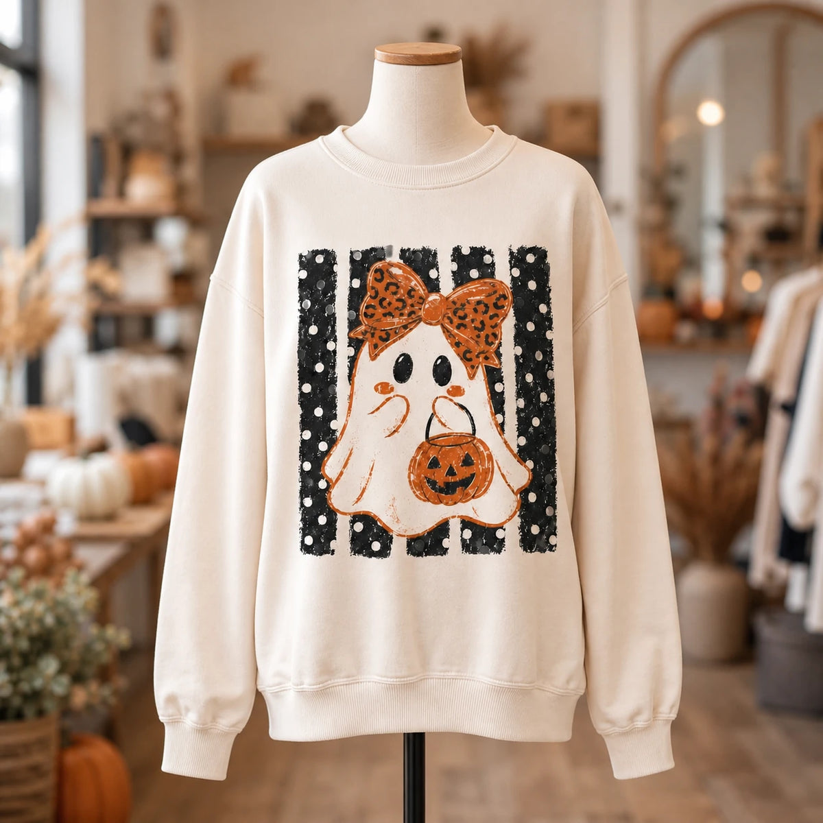 Halloween Ghost Sweatshirt Leopard Bow Ghost Pumpkin Spooky Season Women Cute Retro