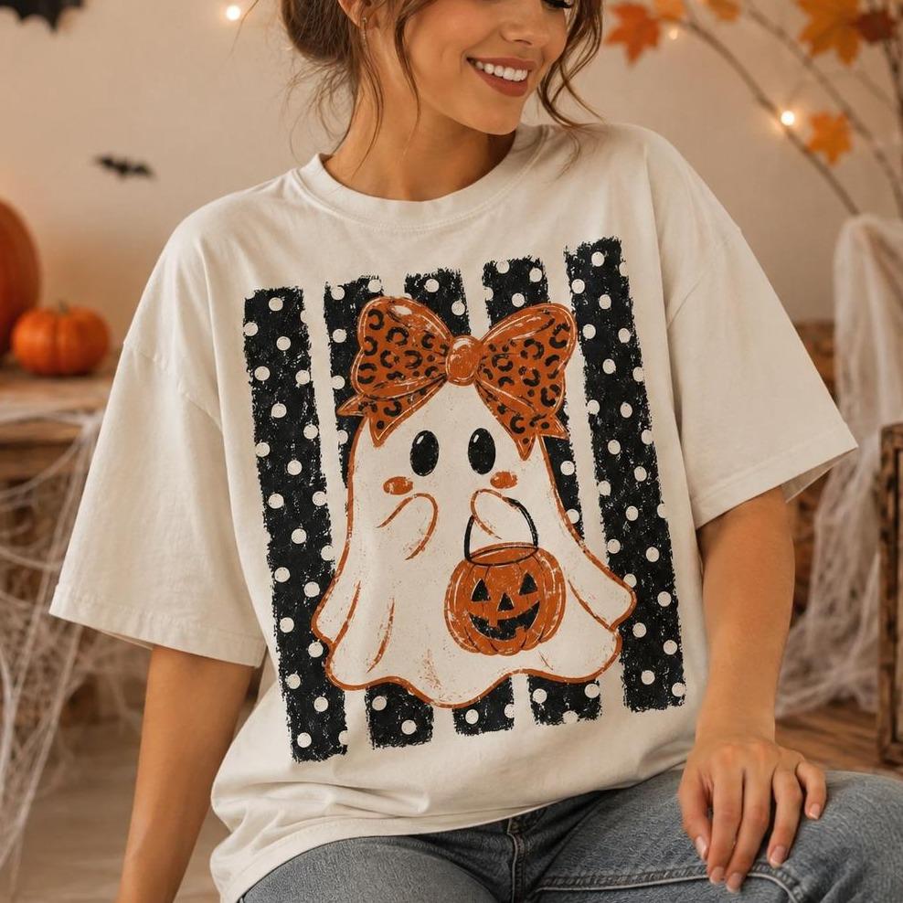 Halloween Ghost Sweatshirt Leopard Bow Ghost Pumpkin Spooky Season Women Cute Retro