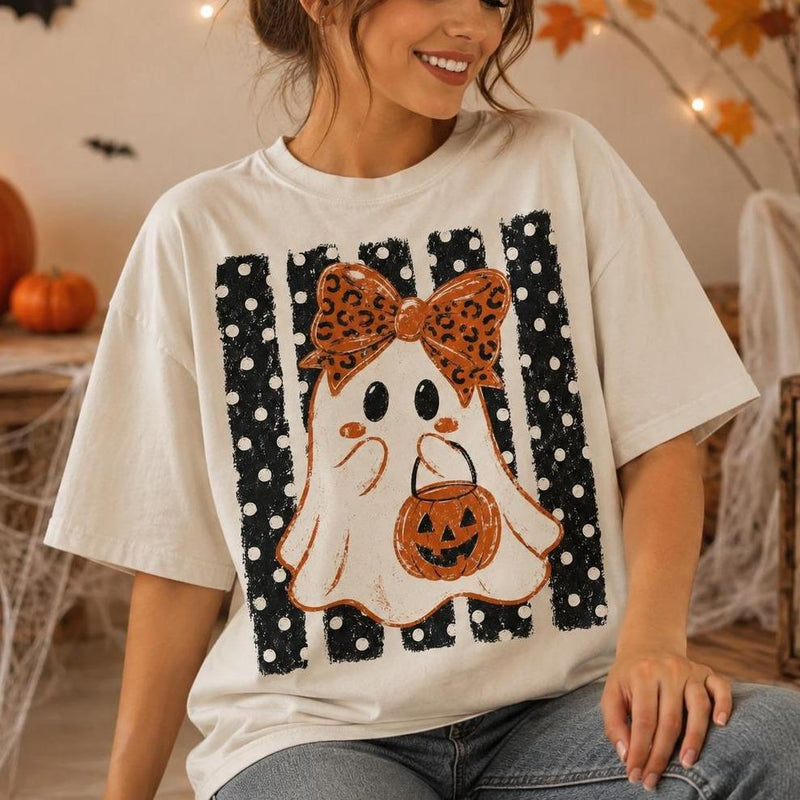 Halloween Ghost Sweatshirt Leopard Bow Ghost Pumpkin Spooky Season Women Cute Retro