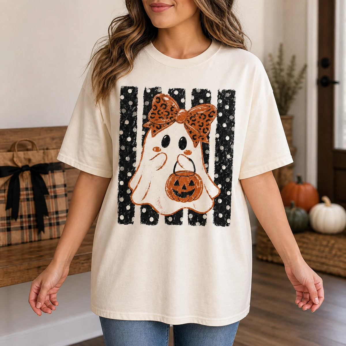 Halloween Ghost Sweatshirt Leopard Bow Ghost Pumpkin Spooky Season Women Cute Retro