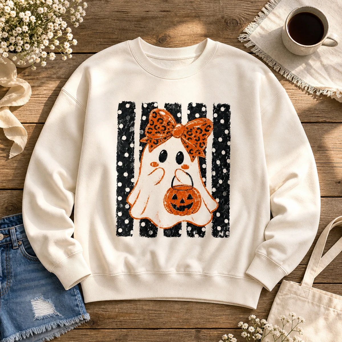 Halloween Ghost Sweatshirt Leopard Bow Ghost Pumpkin Spooky Season Women Cute Retro