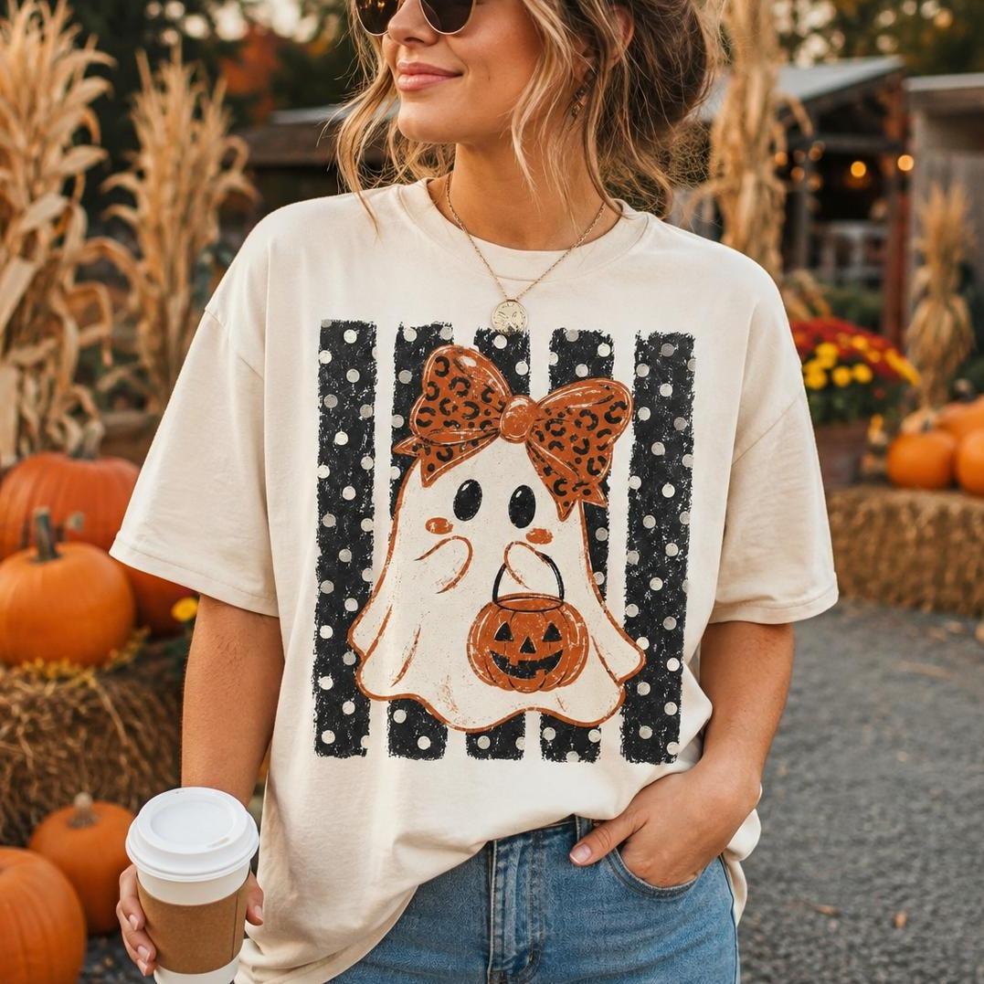 Halloween Ghost Sweatshirt Leopard Bow Ghost Pumpkin Spooky Season Women Cute Retro