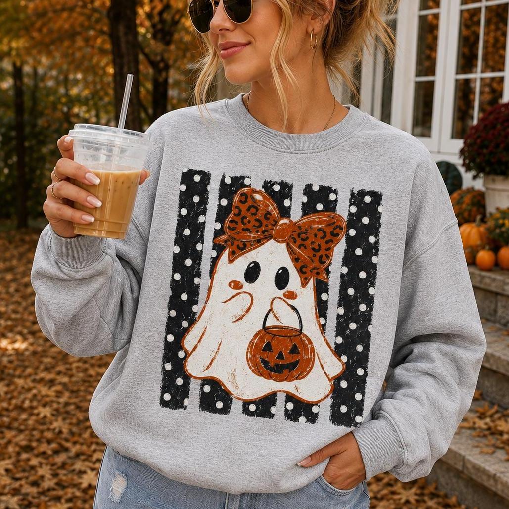 Halloween Ghost Sweatshirt Leopard Bow Ghost Pumpkin Spooky Season Women Cute Retro