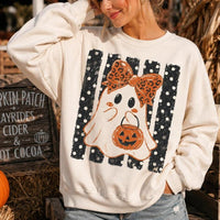 Halloween Ghost Sweatshirt Leopard Bow Ghost Pumpkin Spooky Season Women Cute Retro
