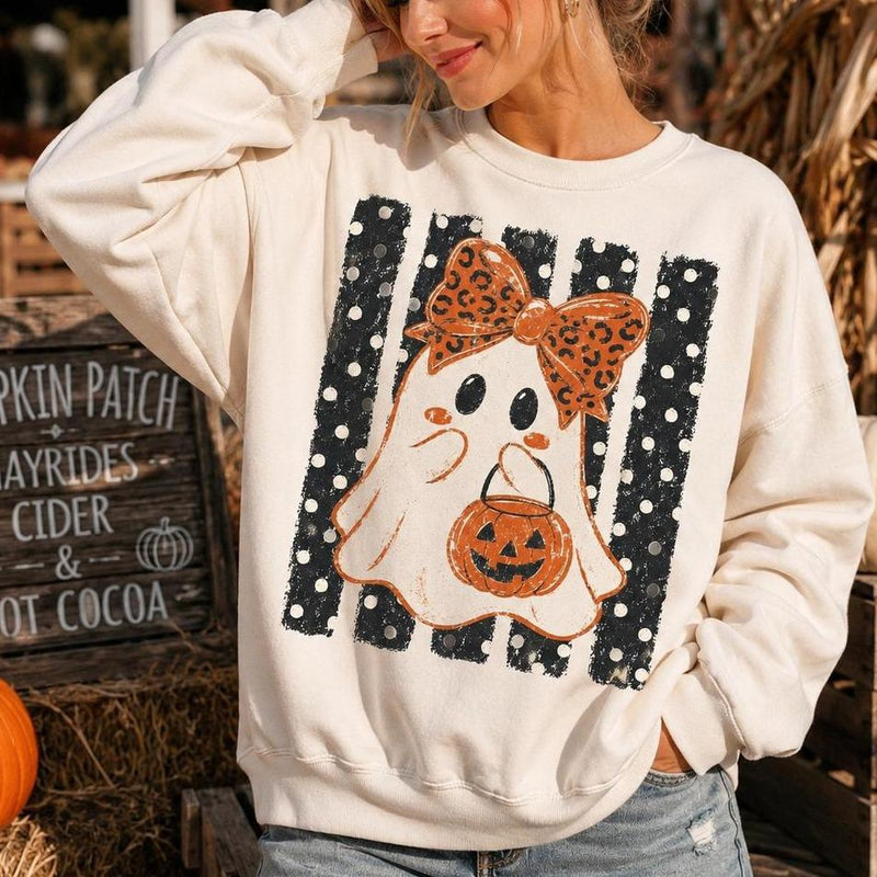 Halloween Ghost Sweatshirt Leopard Bow Ghost Pumpkin Spooky Season Women Cute Retro