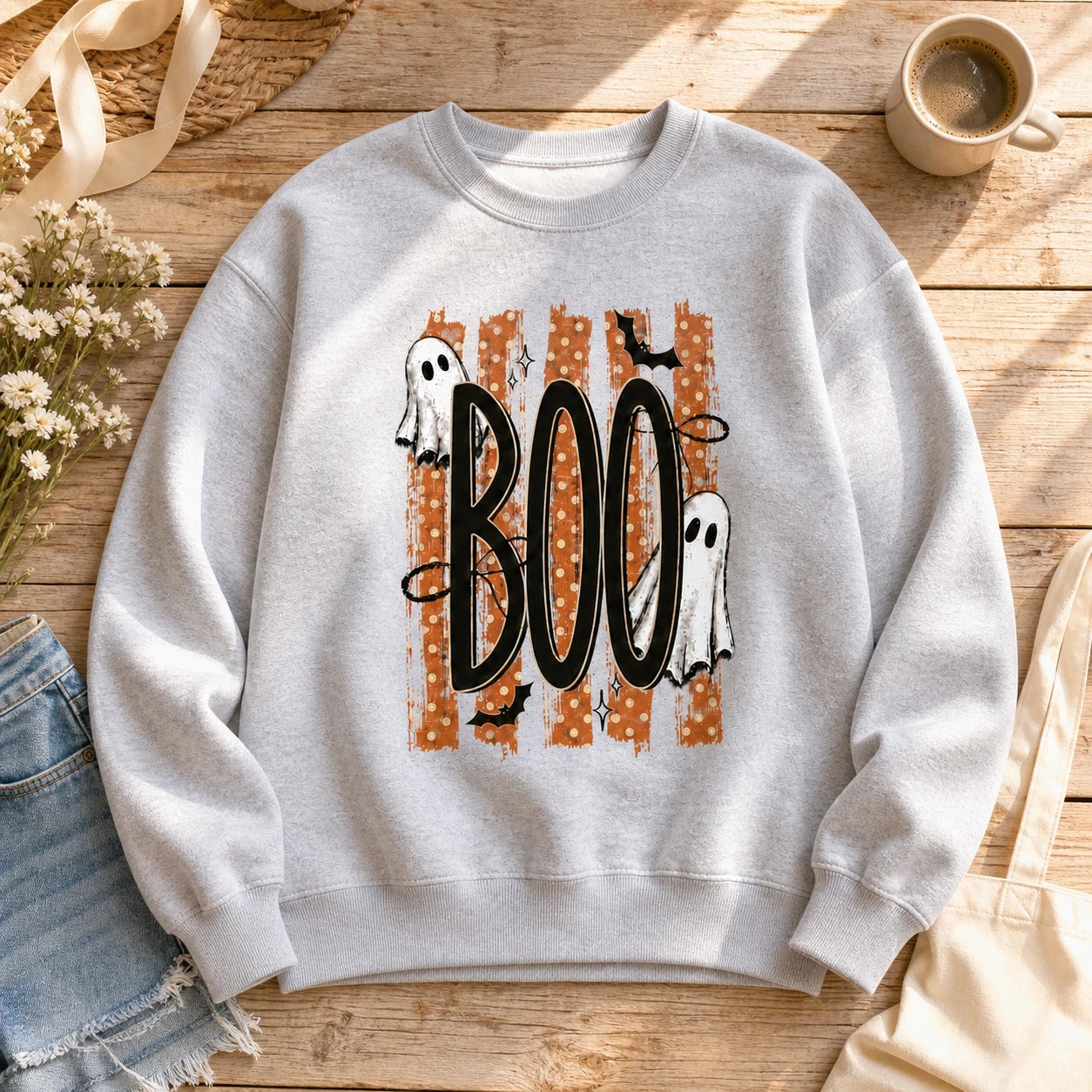 Halloween Ghost Sweatshirt, Retro Boo Design, Cute Spooky Fall Graphic for Women, Vintage Trick or Treat Style, Orange Polka Dot Ghosts and Bats