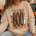 Halloween Ghost Sweatshirt, Retro Boo Design, Cute Spooky Fall Graphic for Women, Vintage Trick or Treat Style, Orange Polka Dot Ghosts and Bats