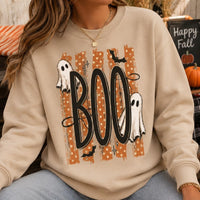 Halloween Ghost Sweatshirt, Retro Boo Design, Cute Spooky Fall Graphic for Women, Vintage Trick or Treat Style, Orange Polka Dot Ghosts and Bats