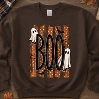 Halloween Ghost Sweatshirt, Retro Boo Design, Cute Spooky Fall Graphic for Women, Vintage Trick or Treat Style, Orange Polka Dot Ghosts and Bats