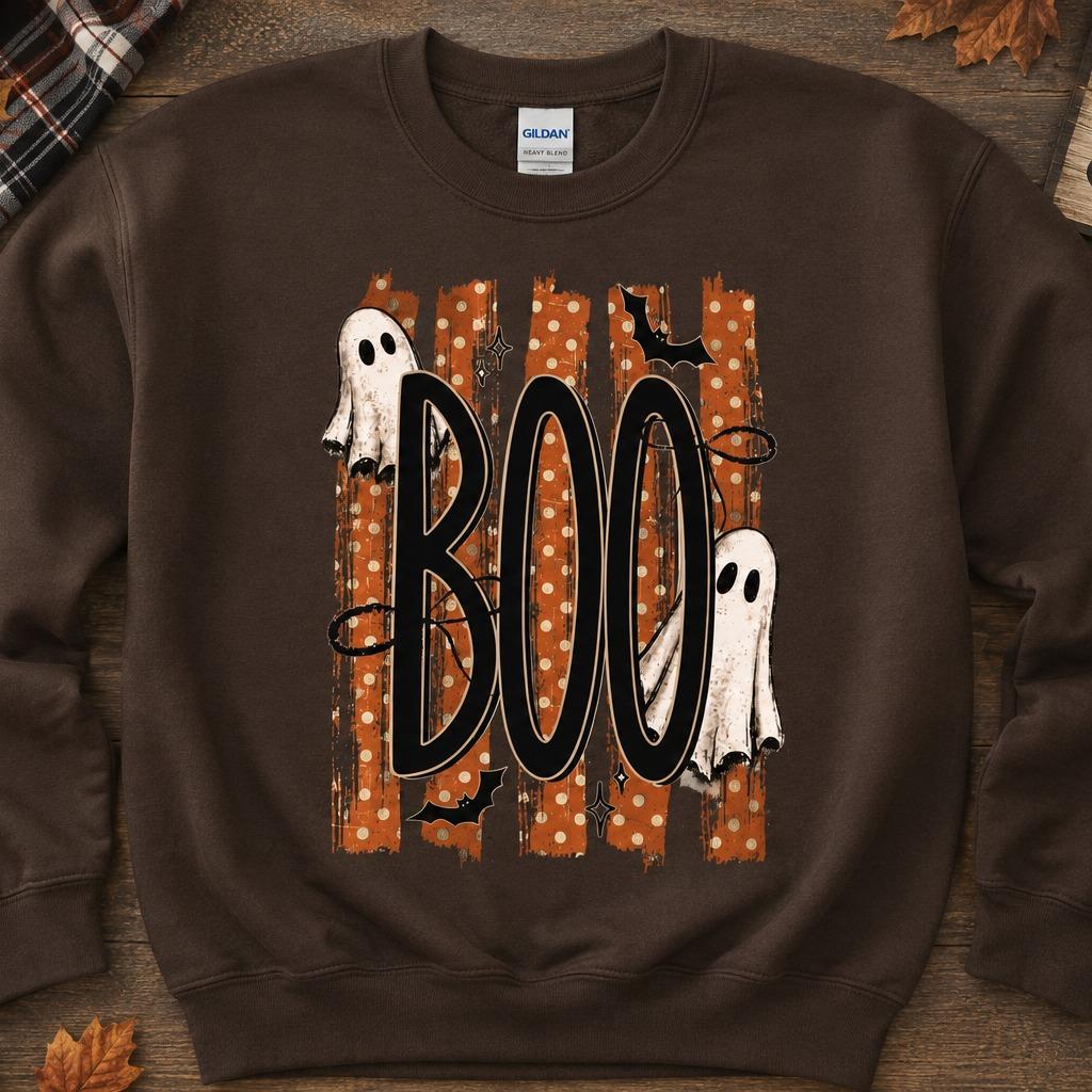 Halloween Ghost Sweatshirt, Retro Boo Design, Cute Spooky Fall Graphic for Women, Vintage Trick or Treat Style, Orange Polka Dot Ghosts and Bats