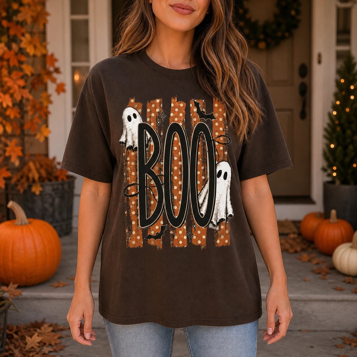 Halloween Ghost Sweatshirt, Retro Boo Design, Cute Spooky Fall Graphic for Women, Vintage Trick or Treat Style, Orange Polka Dot Ghosts and Bats