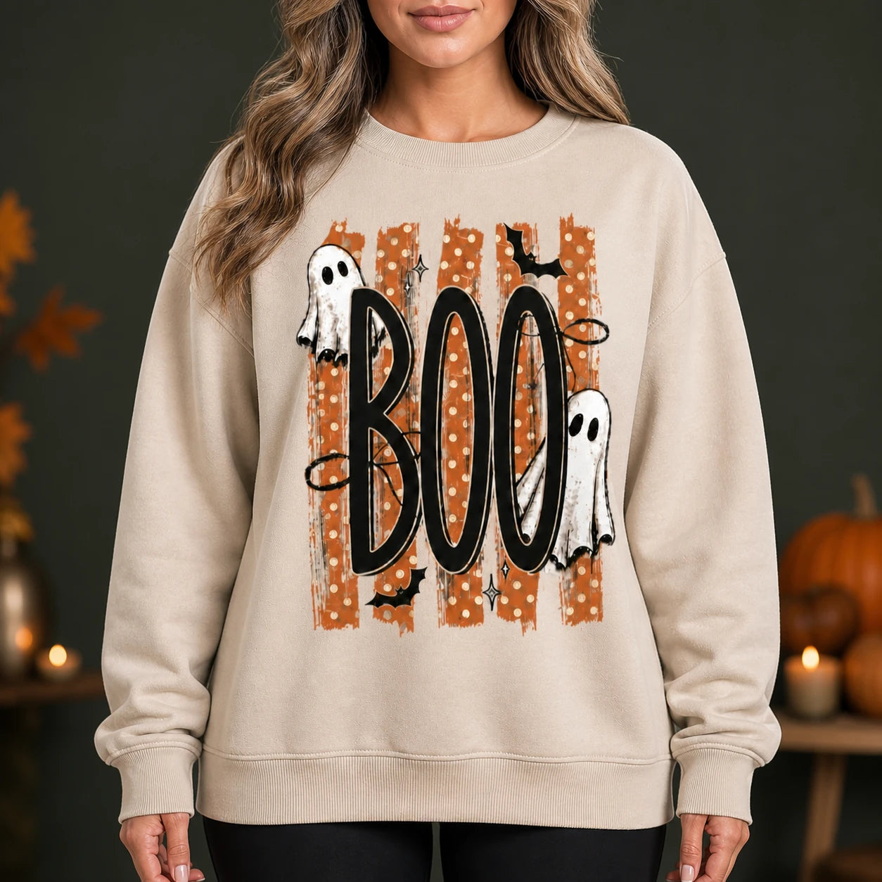 Halloween Ghost Sweatshirt, Retro Boo Design, Cute Spooky Fall Graphic for Women, Vintage Trick or Treat Style, Orange Polka Dot Ghosts and Bats