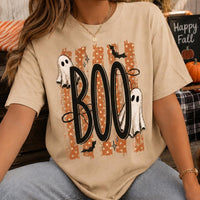 Halloween Ghost Sweatshirt, Retro Boo Design, Cute Spooky Fall Graphic for Women, Vintage Trick or Treat Style, Orange Polka Dot Ghosts and Bats