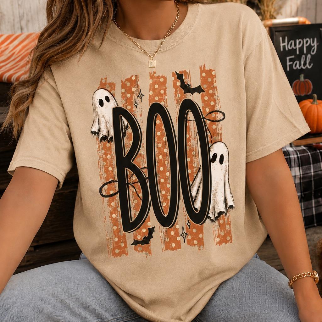 Halloween Ghost Sweatshirt, Retro Boo Design, Cute Spooky Fall Graphic for Women, Vintage Trick or Treat Style, Orange Polka Dot Ghosts and Bats