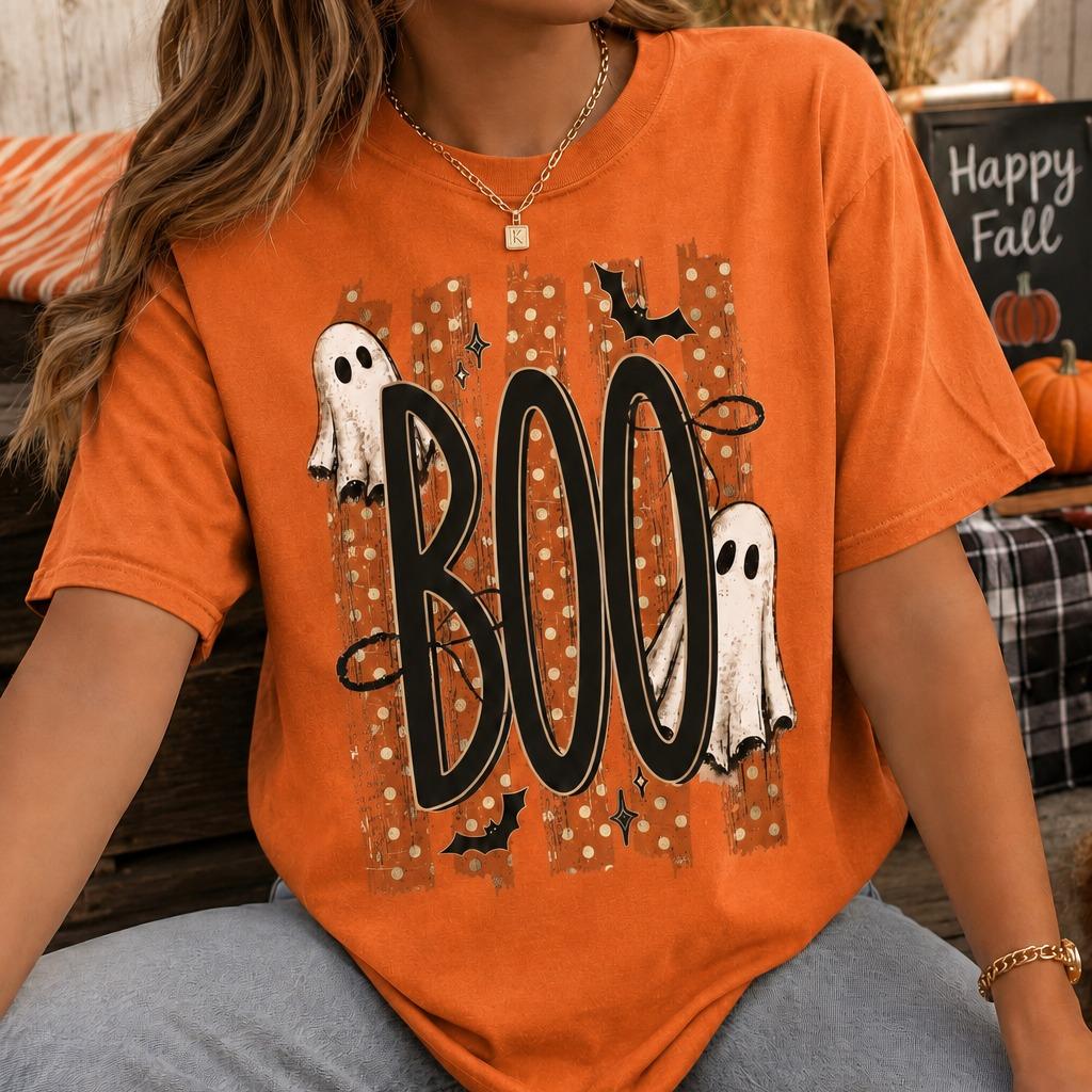 Halloween Ghost Sweatshirt, Retro Boo Design, Cute Spooky Fall Graphic for Women, Vintage Trick or Treat Style, Orange Polka Dot Ghosts and Bats